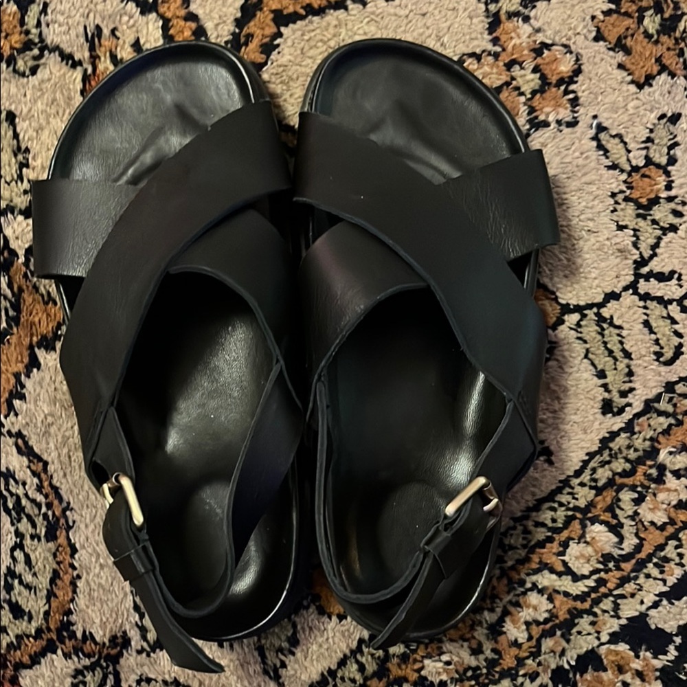 Liberte Black Leather Cross Strap Sandals with Adjustable Buckles